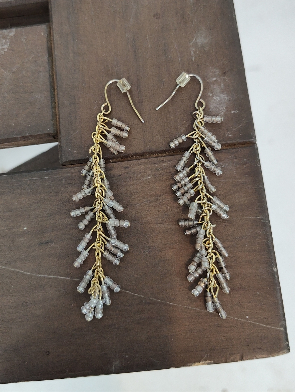 Gold Branch Drop Earrings with Gray Beads - Women Jewelry